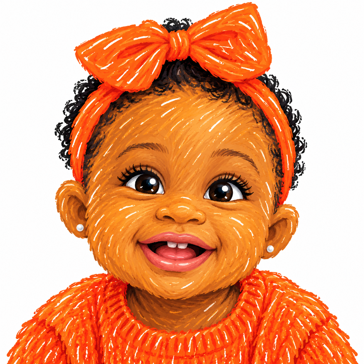 Brielle as an illustrated Sesame Street-style character with her orange bow and outfit